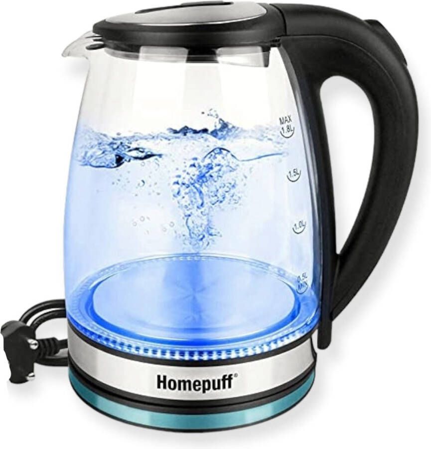 Homepuff Waterkoker Zwart -Glazen waterkoker Blauwe LED verlichting 2 liter 2200 Watt Heetwaterdispenser Waterkokers