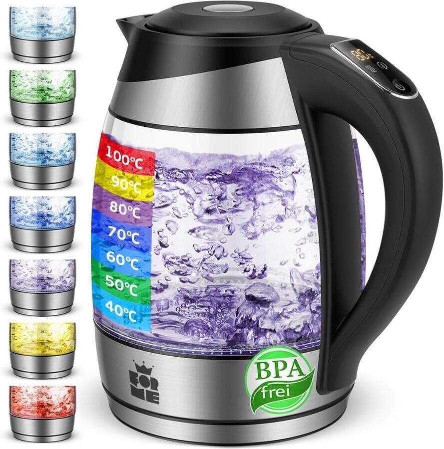 Homery Glazen Waterkoker met Temperatuurinstelling – 1 8L – 60°C tot 100°C – LED Verlichting – Warmhoudfunctie – RVS Bodem – BPA-vrij – Theeketel – Zwart