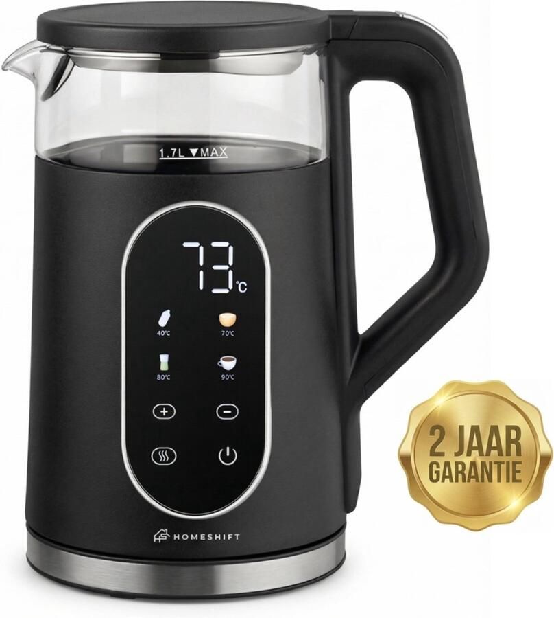 HomeShift Waterkoker met Temperatuurregeling Warmhoudfunctie Dubbelwandig Elektrisch 1 7 Liter 2200W Zwart