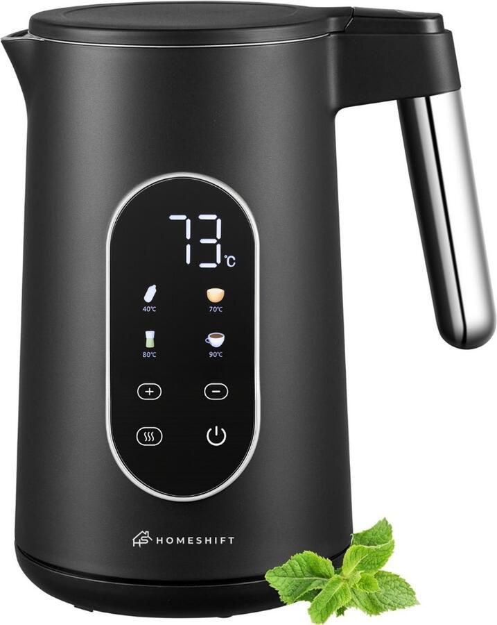 HomeShift Waterkoker met Temperatuurregeling Warmhoudfunctie Dubbelwandig Elektrisch 1 7 Liter 2200W Zwart