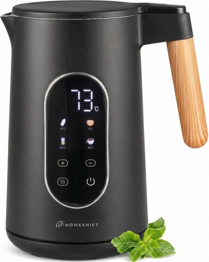 HomeShift Waterkoker met Temperatuurregeling Warmhoudfunctie Dubbelwandig Elektrisch 1 7 Liter 2200W Zwart Hout