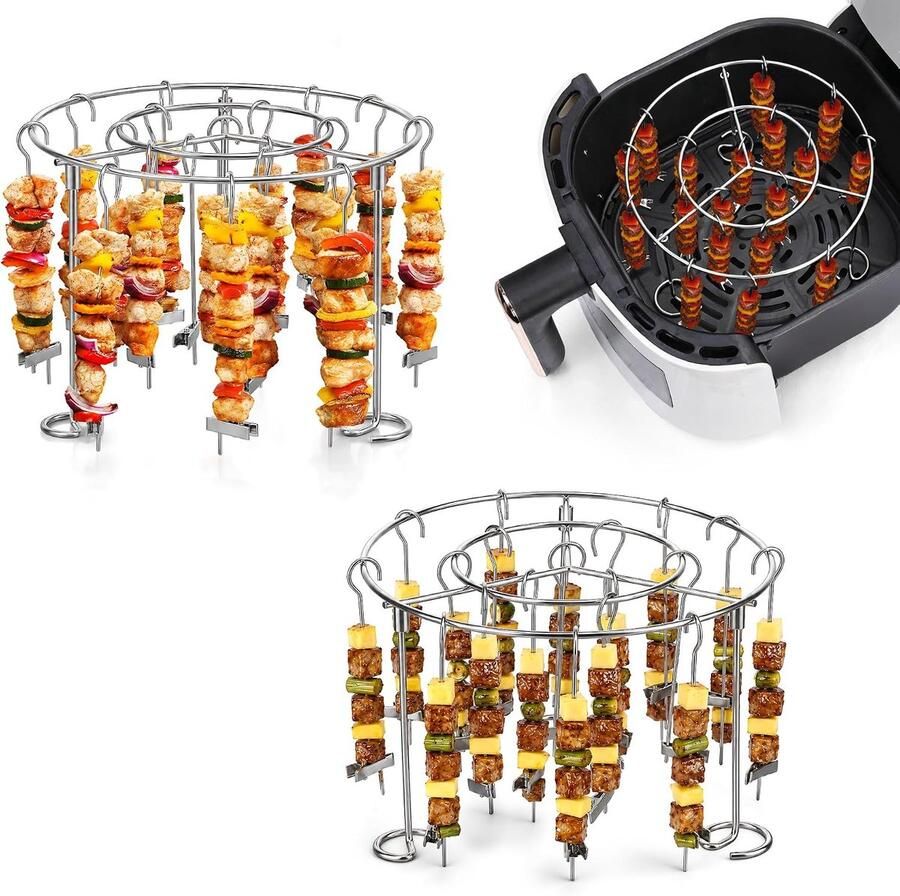 Homikit Airfryer-accessoires 2 stuks 15 6 cm rond roestvrij staal heteluchtfriteuse accessoires grillrooster met 56 spiesen voor grillen afneembaar spiesrek voor airfryer gelijkmatig garen