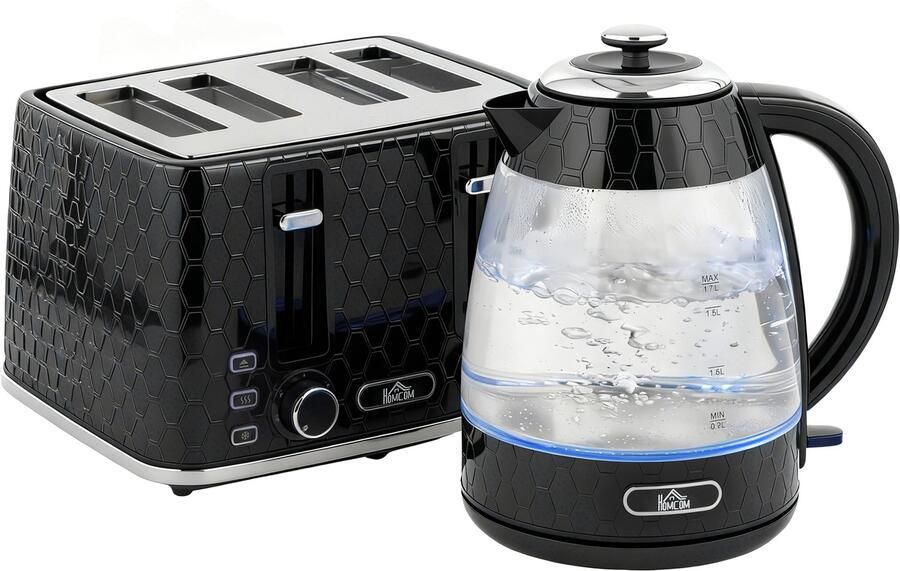Homona Ontbijtset 4-Sneden Toaster en 1 7L Waterkoker 2200W Met 7 bruiningsstanden Zwart