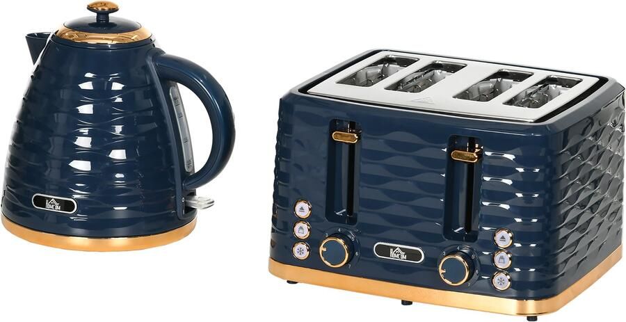 Homona Ontbijtset Met 1 7 liter waterkoker en broodrooster voor 4 sneetjes Met 7 bruiningsstanden Blauw