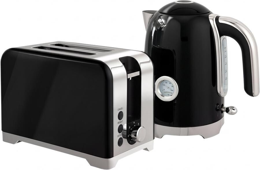 Homona Ontbijtset met waterkoker en broodrooster 1 7 liter waterkoker met thermometer 2-scheiben broodrooster met 7 bruiningsstanden Zwart Zilver