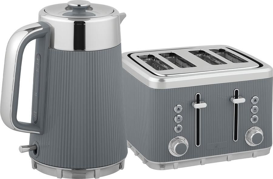 Homona Ontbijtset Met waterkoker van 1 7 liter en broodrooster voor 4 sneetjes Met 7 bruiningsstanden en dubbele bediening Grijs Zilver
