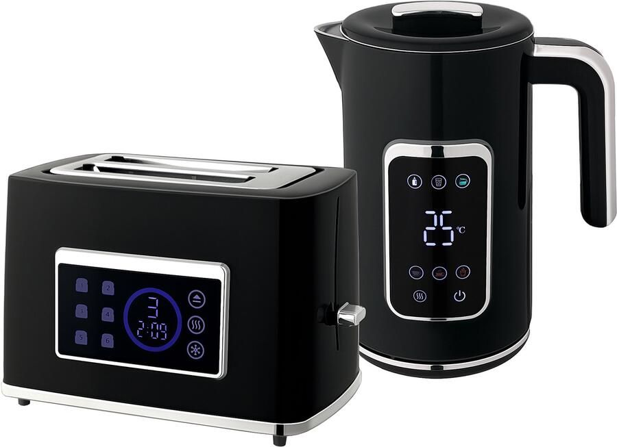 Homona Ontbijtset Waterkoker van 1 7 liter en broodrooster voor 2 sneetjes Met led-touchscreen en temperatuurregeling 6 bruiningsstanden Zwart Zilver