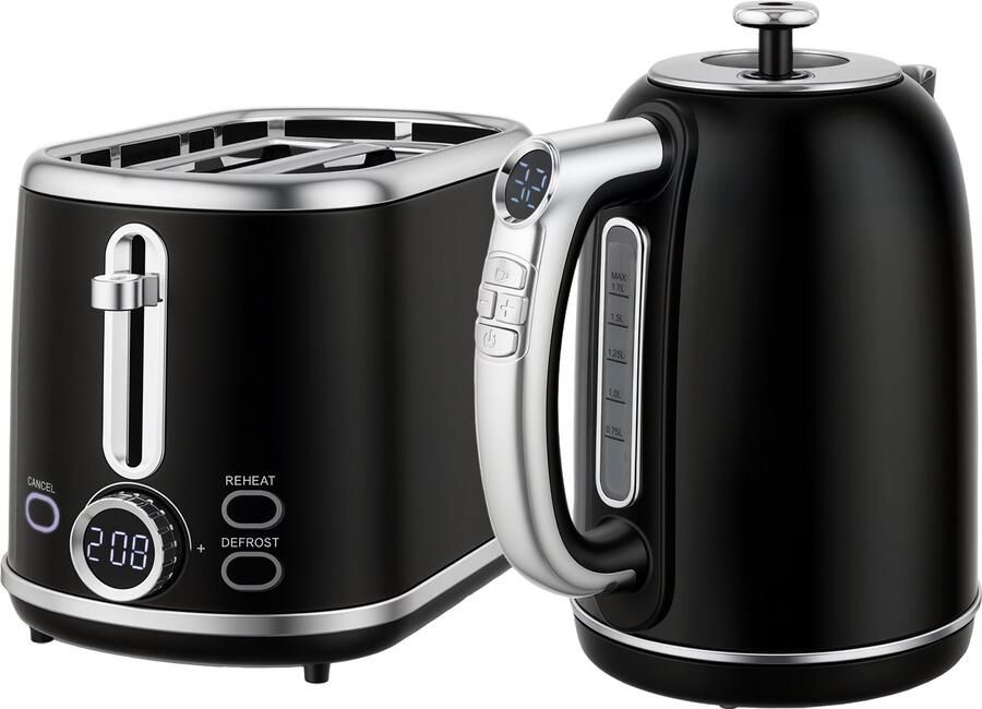 Homona Retro ontbijtset Waterkoker van 1 7 liter en broodrooster voor 2 sneetjes Met led-display en temperatuurregeling 6 bruiningsstanden Zwart