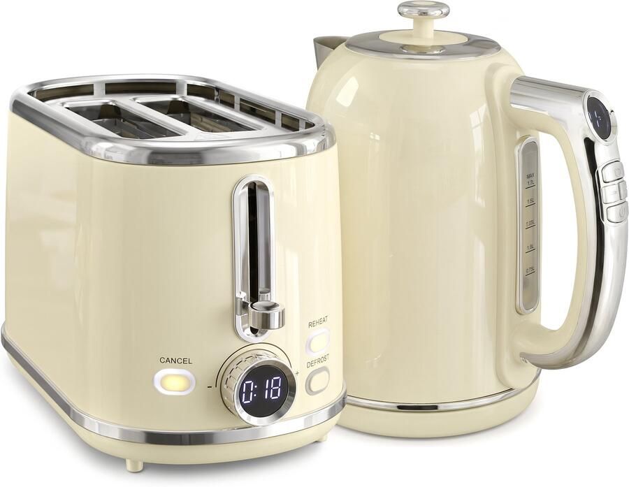 Homona Retro ontbijtset Waterkoker van 1 7 liter en broodrooster voor 2 sneetjes Met led-display en temperatuurregeling 6 bruiningsstanden Crèmewit