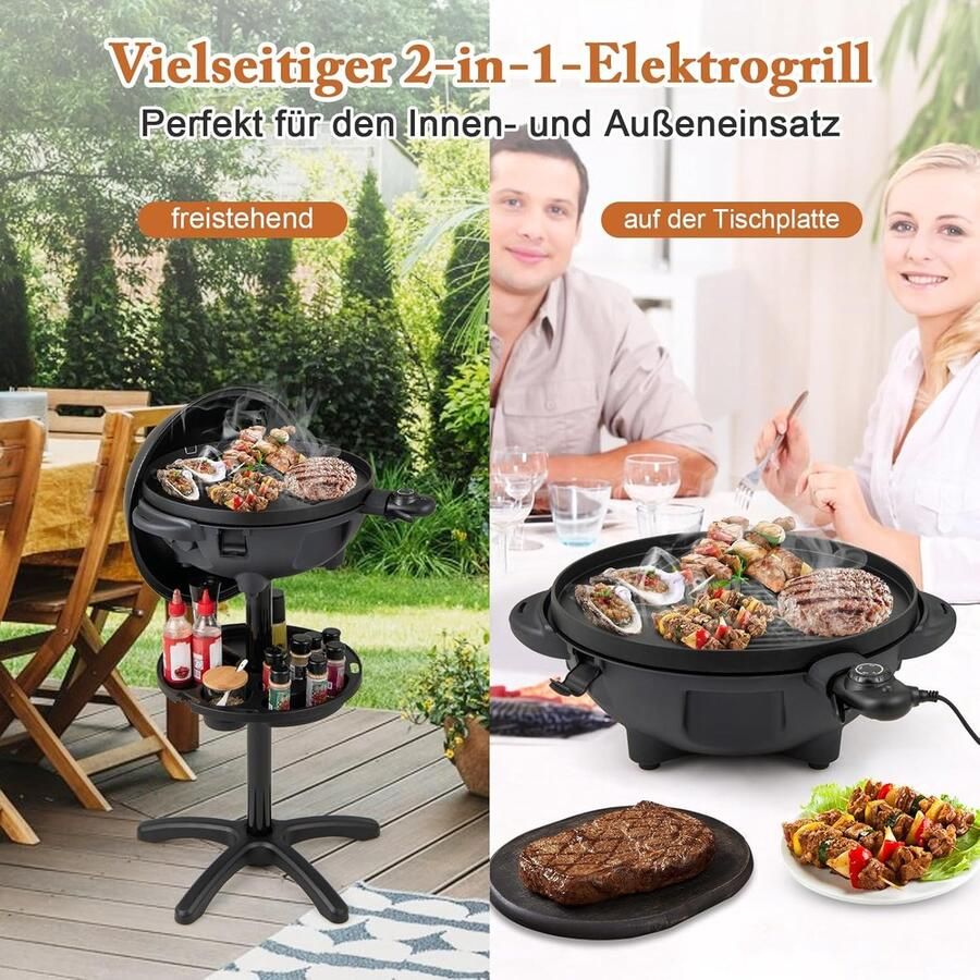 House&Garde 2-in-1 Elektrische Balkon Barbecue Grill met Standaard – 63x63x100 cm – 1900 cm² 2-Zone Grillplaat met Antiaanbaklaag Instelbare Temperatuur 180–270°C Vetopvangbak en Kruidenrek – Indoor & Outdoor BBQ Grill