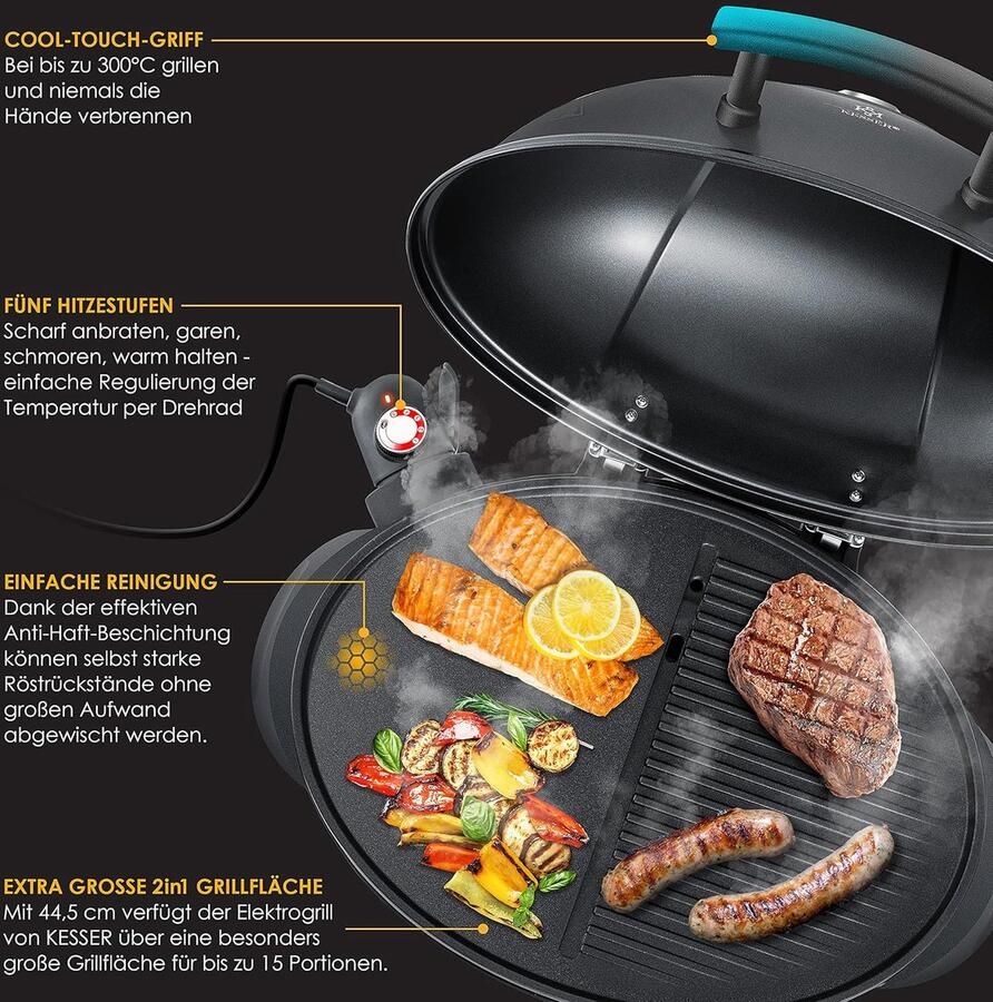 House&Garde Deluxe 2-in-1 Elektrische BBQ Grill 2400W met Onderstel Deksel & Thermometer – XXL Tafelbarbecue en Staande Elektrische Barbecue met Antiaanbak Grillplaat 121 x 49 x 37 cm