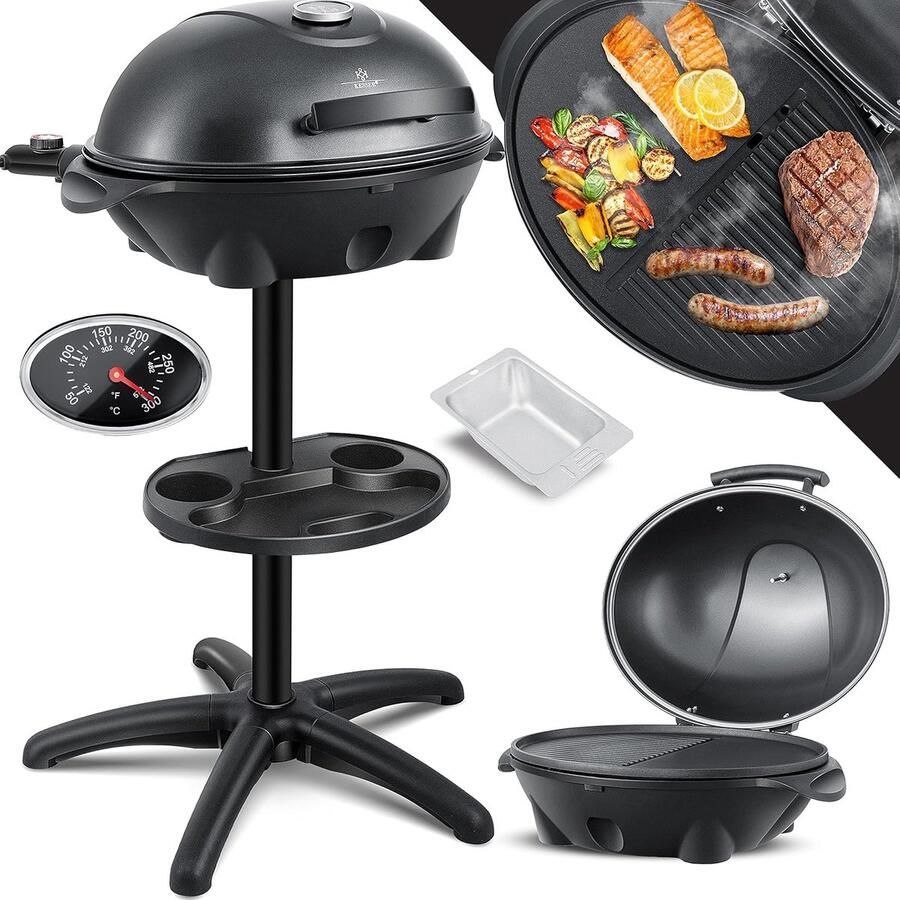 House&Garde GrillMaster SpherePro 2-in-1 Elektrische BBQ Grill 2400W met Deksel Thermometer en XXL Antiaanbak Grillplaat – Staande en Tafelbarbecue met Opbergrek en Variabele Warmtestanden 37 x 49 x 121 cm