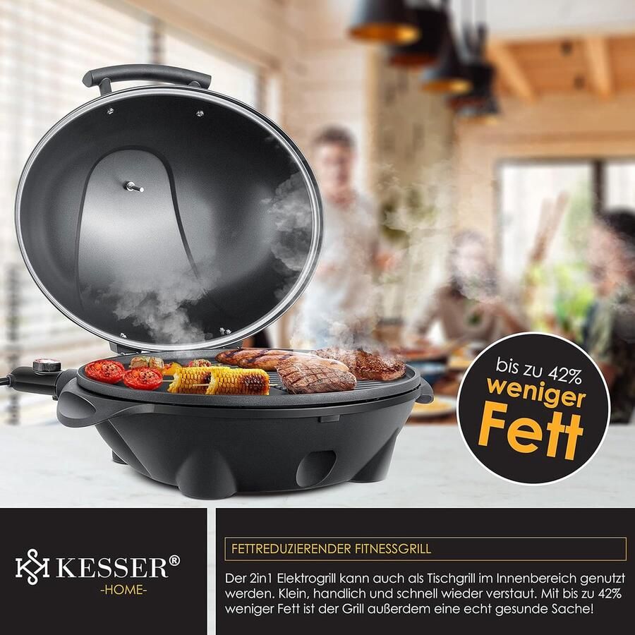 House&Garde GrillMaster SpherePro 2-in-1 Elektrische BBQ Grill 2400W met Deksel Thermometer en XXL Antiaanbak Grillplaat – Staande en Tafelbarbecue met Opbergrek en Variabele Warmtestanden 37 x 49 x 121 cm