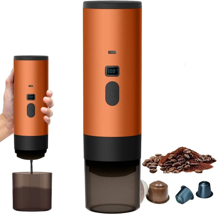 Hutjemutje draagbare koffiezetapparaat koffiemachine draadloos voor in de auto 12V espresso nespresso dolce gusto capsule koffie gemalen koffie oplaadbaar oranje