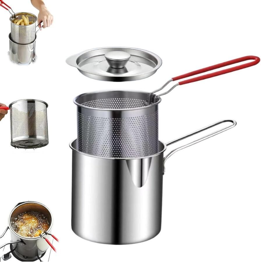 Huttutu Frituurpan kleine frituurpan Friteuse RVS Diepe Frituurpan met Mand Mini Oliezeef en Frituur Accessoire Met deksel 1 Stuk