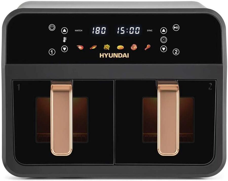 Hyundai Electronics Digitale Airfryer Duo Hetelucht friteuse 6.2 Liter Met dubbele mand en doorkijkvensters Zwart met roségoud