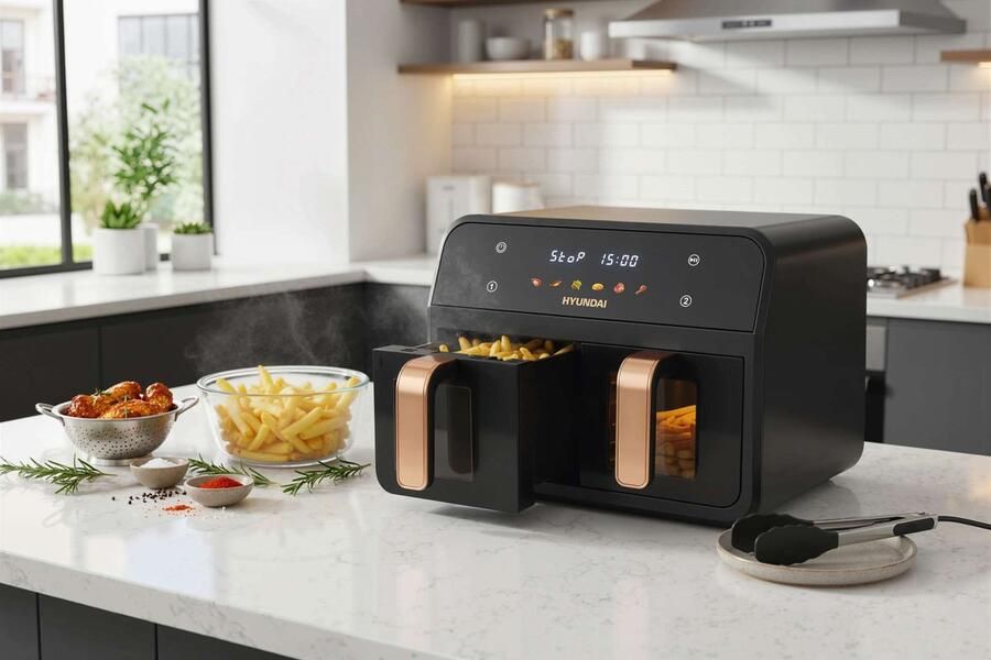 Hyundai Electronics Digitale Airfryer Duo Hetelucht friteuse 6.2 Liter Met dubbele mand en doorkijkvensters Zwart met roségoud