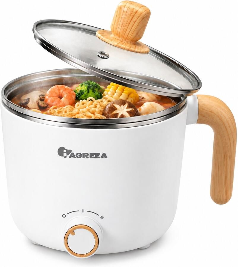 IAGREEA Mini Elektrische Kookpan 1 L – 300 600 W – RVS Binnenpan – Multifunctionele Hotpot & Noedelkoker – Voor Soep Rijst Pasta Groenten en Eieren