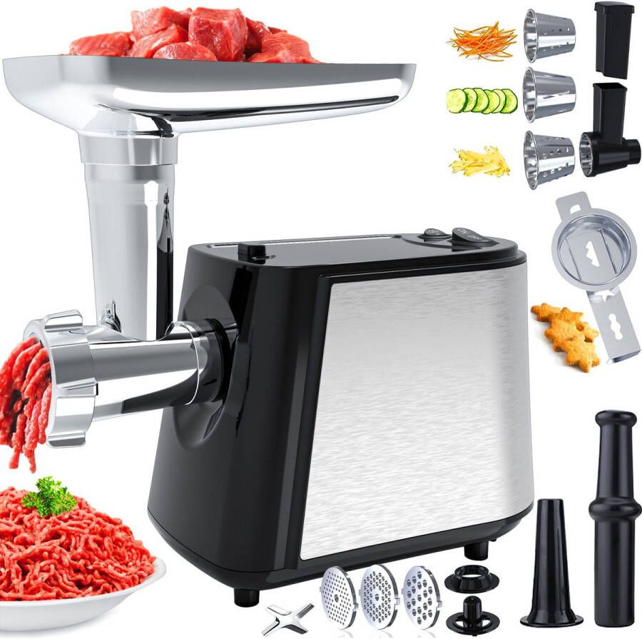 Ibettertec Elektrische Vleesmolen Gehaktmolen met drie snijbekers Worstenmaker Spuitzak Kebbe-opzetstuk 3 roestvrijstalen schijven (3 5 7 mm)