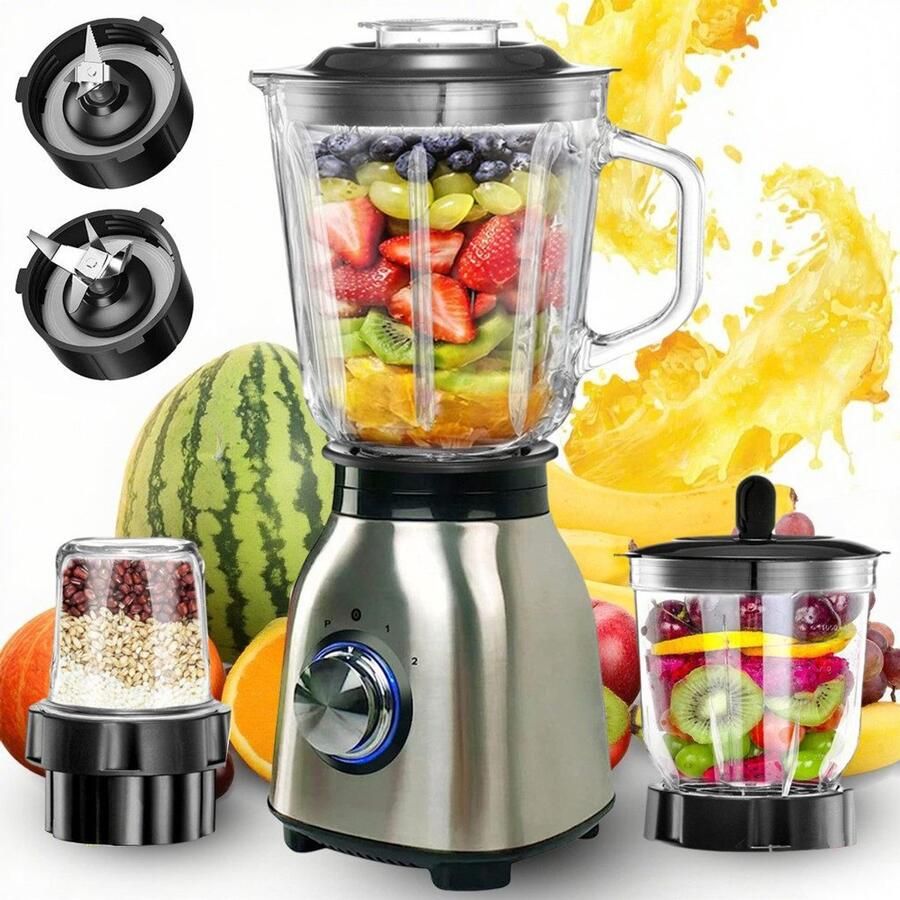 Ibettertec Staande mixer – 2 snelheden RVS 1 5L glazen kan inklapbare beker elektrische blender Smoothiemaker voor puree ijs shakes en VitaBoost zilveren