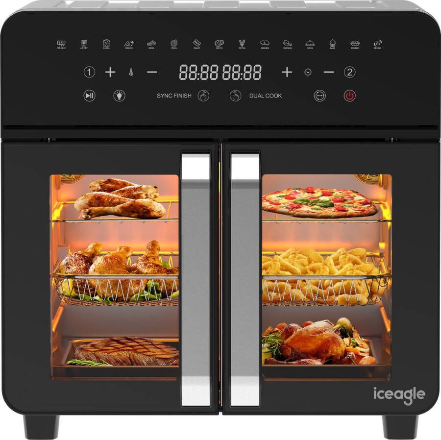 Iceagle Heteluchtfriteuse 23L Dual Zone XXL Airfryer met Franse Deur Heteluchtfriteuseoven met dubbele kamer 15 programma's 2200W 12 accessoires verwijderbare afscheider voor flexibele kookruimte