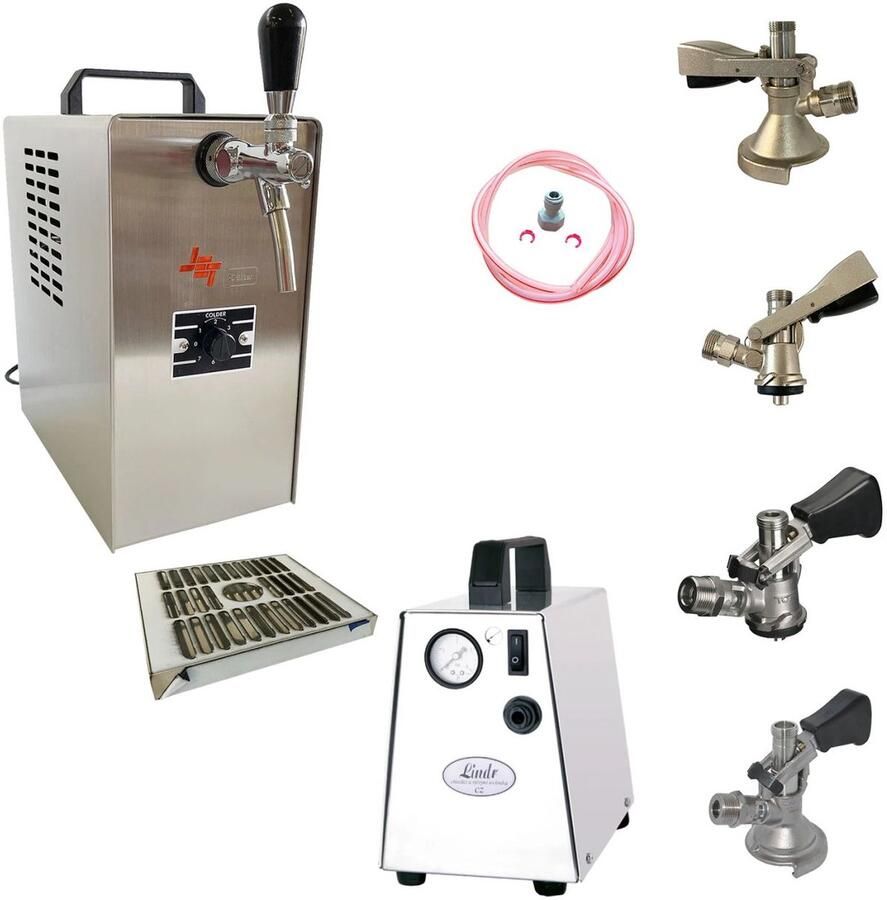 Ich-zapfe Compleet Set Tapinstallatie JET 30 bierkoffer Doorstroomkoeler 1-Lijn Droge Koeler tot 35L h Platte Tapkop incl. Compressor en Slangen