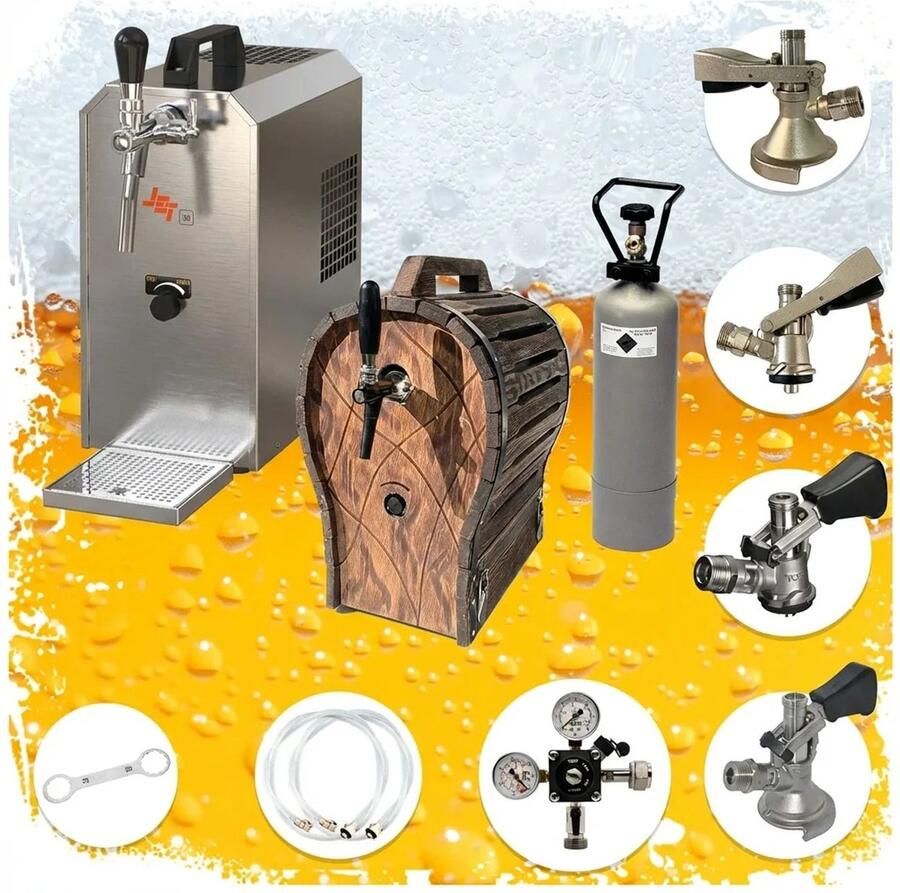 Ich-zapfe Complete Biertap Set JET 30 1-kraans Droogkoeler 35 l uur met Houten Vat & Alle Fustkoppelingen