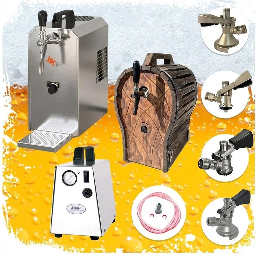 Ich-zapfe Kompleet pakket Biertap JET 30 1-kraans droogkoeler 35 l uur met houten vat en alle tapkoppen