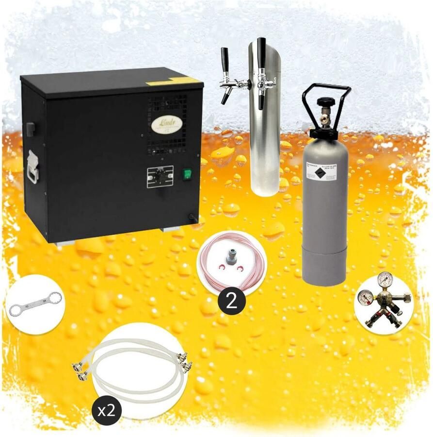Ich-zapfe Ondertoog complete biertapinstallatie AS-40 2-weg dompelkoeler onderkast incl. schenktoren Green Line tapkoppen mand en Keyfust 40 L h
