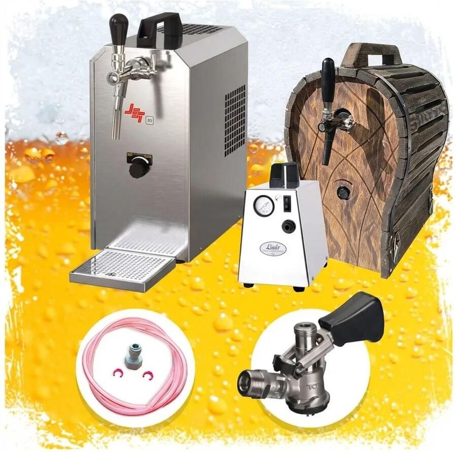 Ich-zapfe Complete Set Biertap JET 30 1-kraans droogkoeler 35 liter uur Thuistap Bierkoeler met houten vat Schoonmaakset voor biertap en vat Type S