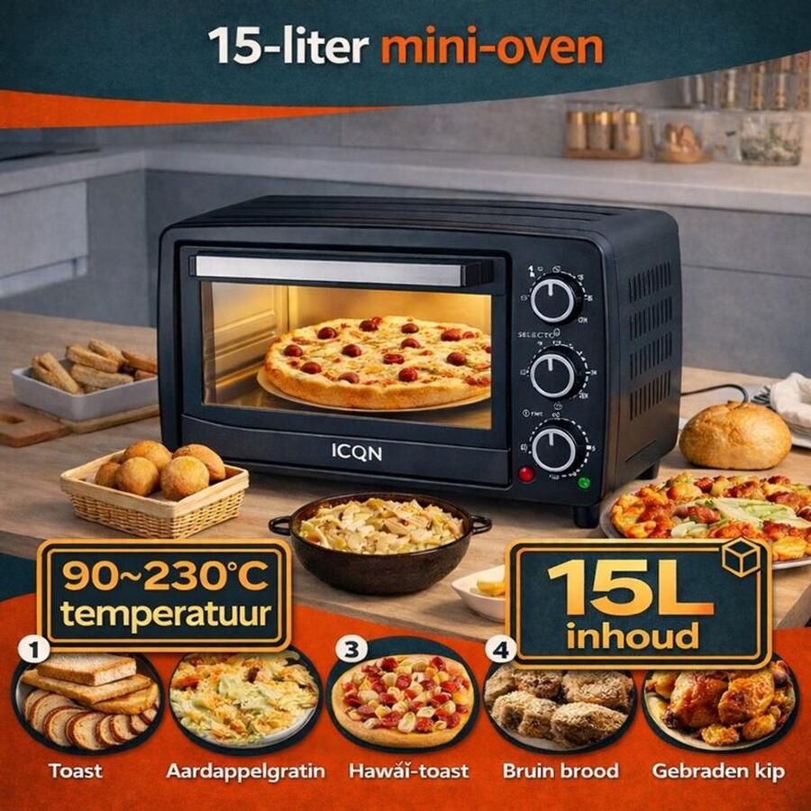 ICQN Compacte mini-oven 15 liter 1200W 60 min timer 3 kookfuncties 90°-230°C kleine campingoven Antraciet