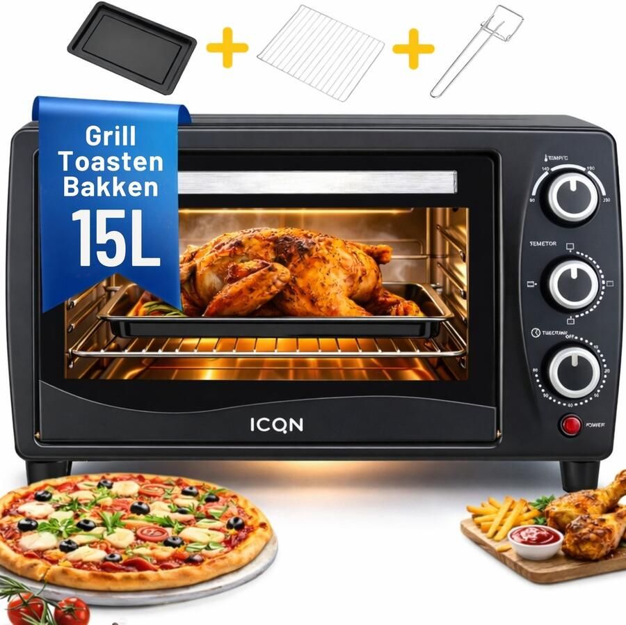ICQN Compacte mini-oven 15 liter 1200W 60 min timer 3 kookfuncties 90°-230°C kleine campingoven Antraciet - Foto 2