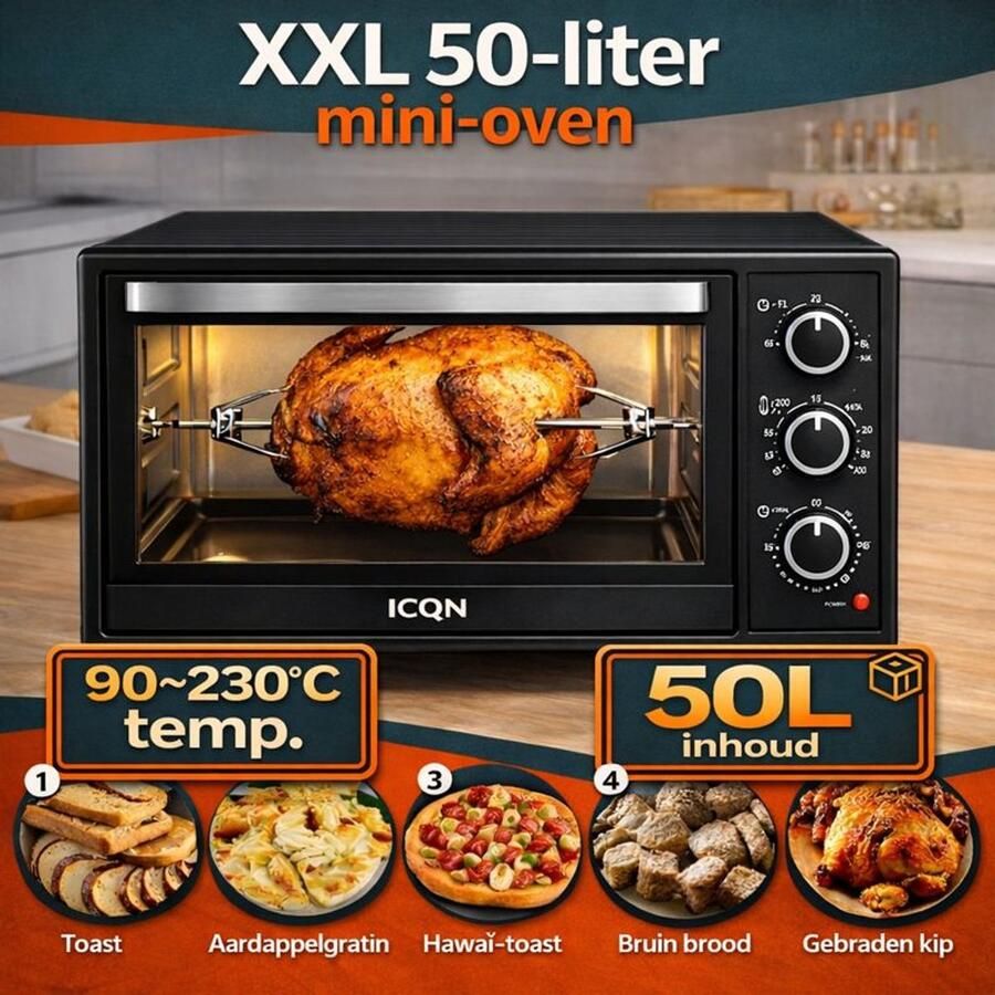 ICQN Vrijstaande Oven 50L Convectie Mini Oven Pizzaoven Hetelucht & Grillfunctie Geëmailleerde Holte Zwart
