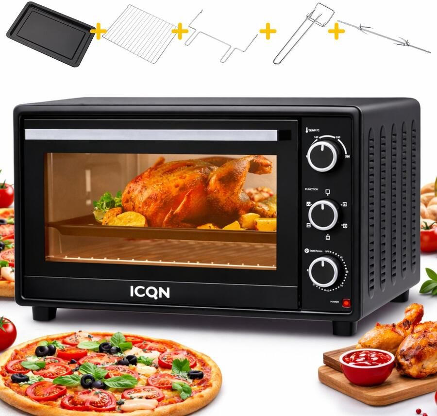 ICQN Vrijstaande Oven 50L Convectie Mini Oven Pizzaoven Hetelucht & Grillfunctie Geëmailleerde Holte Zwart - Foto 2