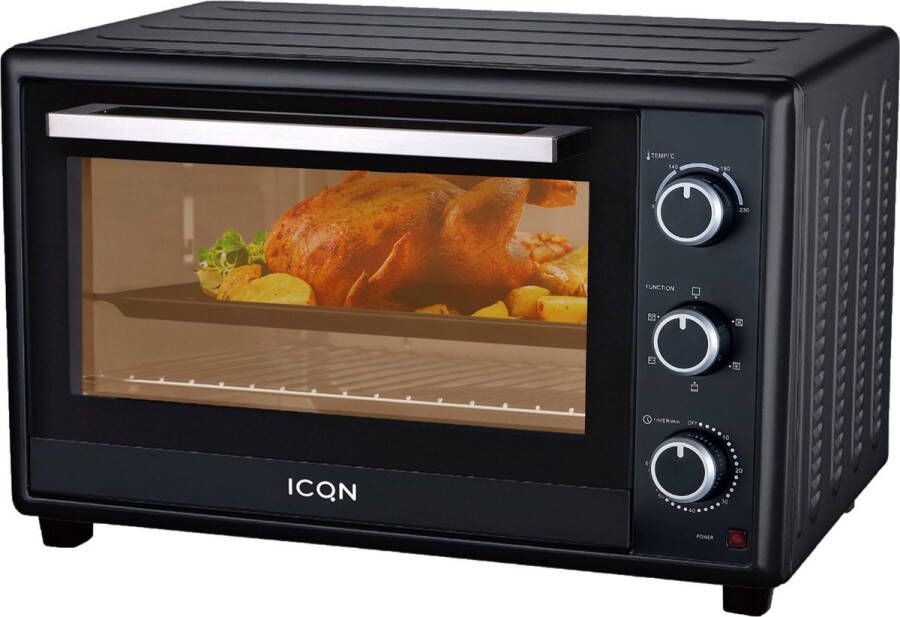ICQN Vrijstaande Oven 50L Convectie Mini Oven Pizzaoven Hetelucht & Grillfunctie Geëmailleerde Holte Zwart