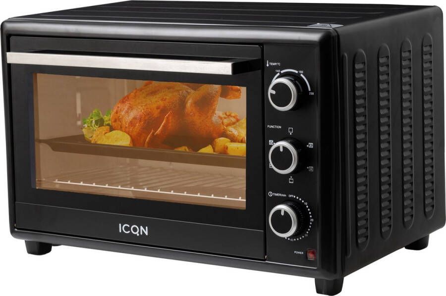 ICQN Vrijstaande Oven 50L Convectie Mini Oven Pizzaoven Hetelucht & Grillfunctie Geëmailleerde Holte Zwart