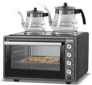 ICQN Vrijstaande Oven Met 2 Kookplaten 42L Convectie Mini Oven Hetelucht & Grillfunctie Dubbelglas Geëmailleerde Holte Zwart