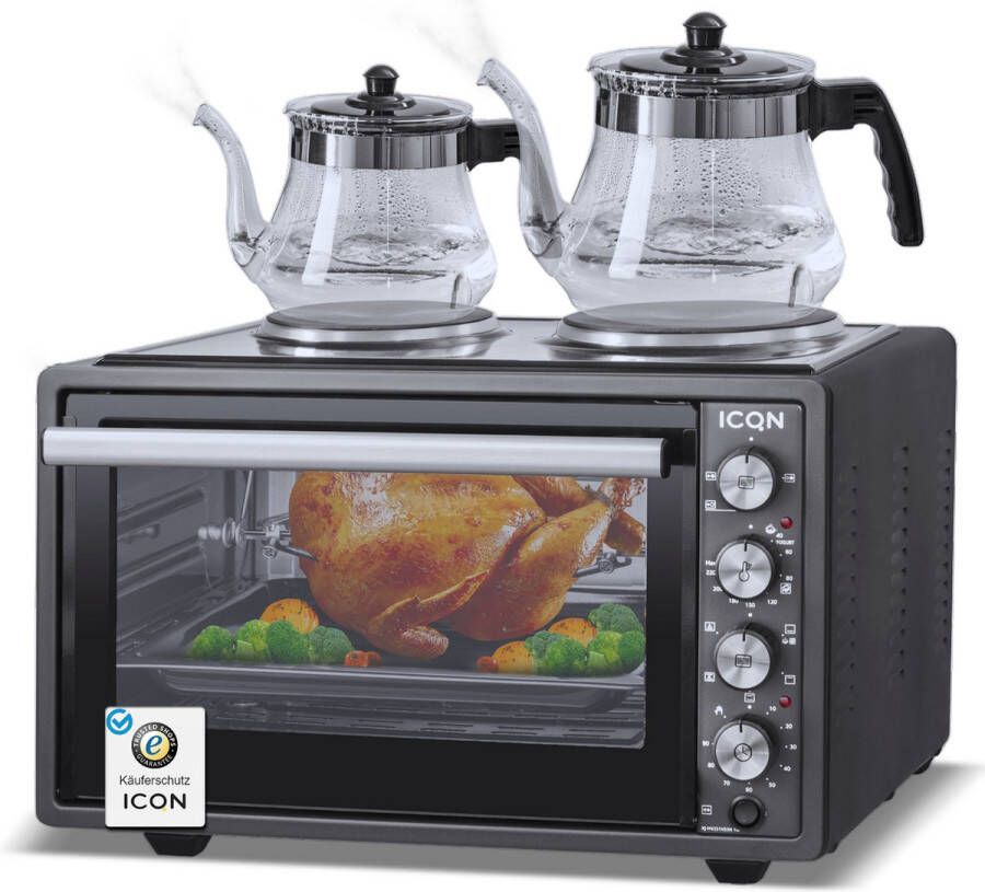 ICQN Vrijstaande Oven Met 2 Kookplaten 42L Convectie Mini Oven Hetelucht & Grillfunctie Dubbelglas Geëmailleerde Holte Zwart