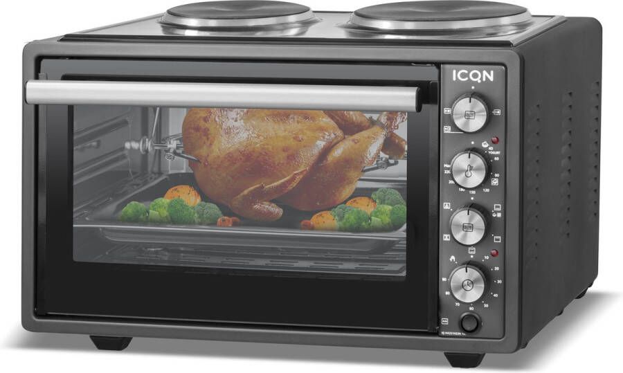 ICQN Vrijstaande Oven Met 2 Kookplaten 42L Convectie Mini Oven Hetelucht & Grillfunctie Dubbelglas Geëmailleerde Holte Zwart - Foto 2