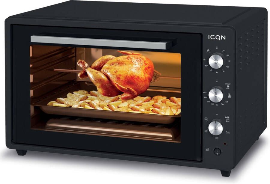 ICQN XXL Vrijstaande Oven 60 Liter Convectie Mini Oven Heteluchtoven Grill & Rotisseriefunctie Timer Zwart