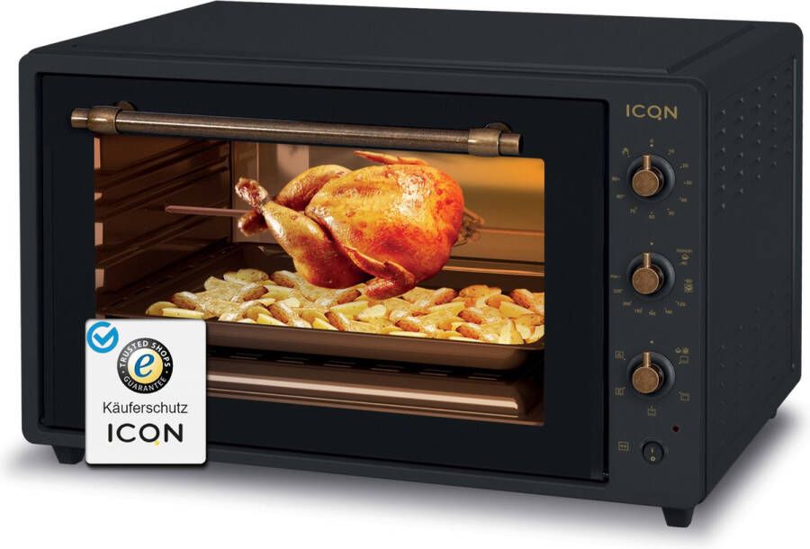 ICQN XXL Vrijstaande Retro Oven 60L – Rustiek Design Convectie Mini Oven Hetelucht & Grillfunctie Geëmailleerde Holte – Vintage – Zwart