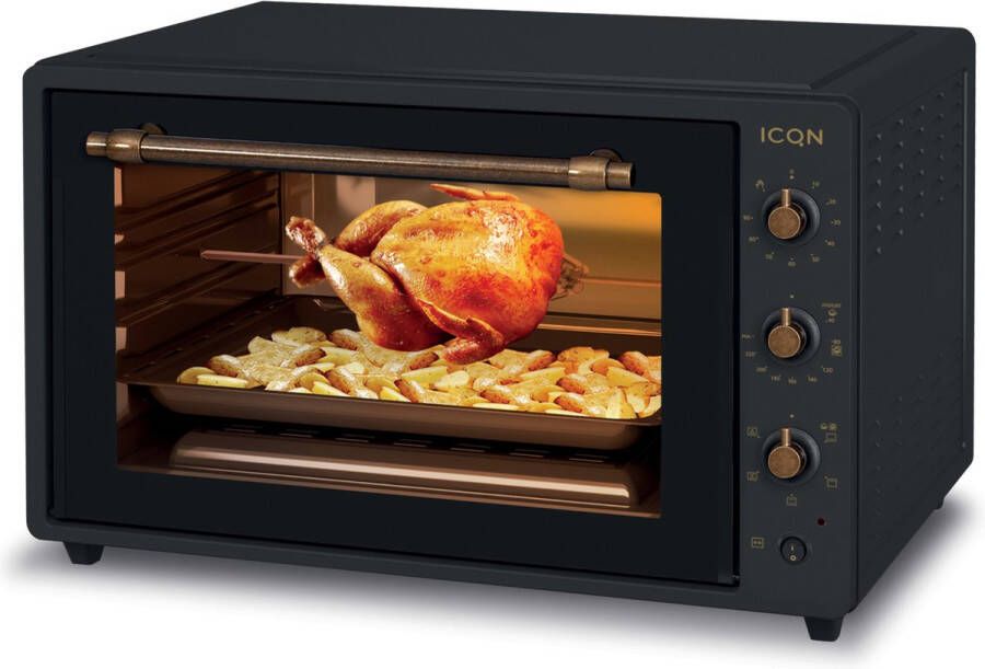 ICQN XXL Vrijstaande Retro Oven 60L – Rustiek Design Convectie Mini Oven Hetelucht & Grillfunctie Geëmailleerde Holte – Vintage – Zwart