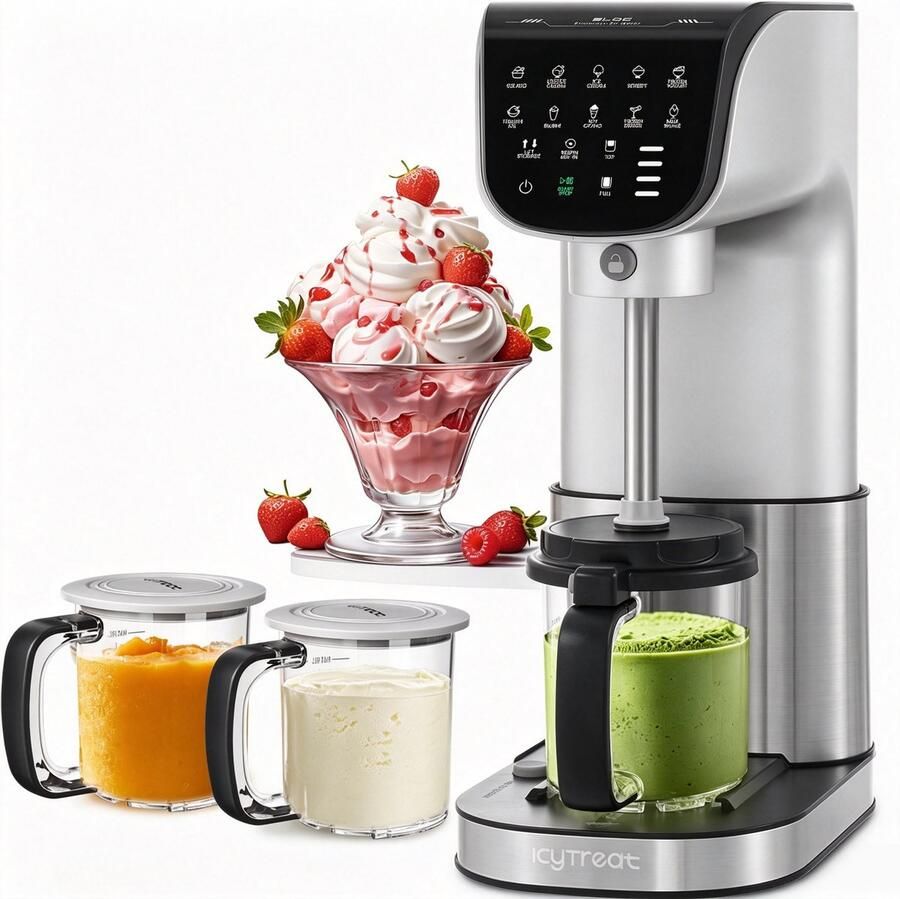 IcyTreat 11 in-1 Automatische IJsmachine – Maak IJscréme Gelato Sorbet Milkshake 3 Pints Borstelloze Motor Vaatwasserbestendig Eén-Knop Opslag Roestvrij Staal & Zilver