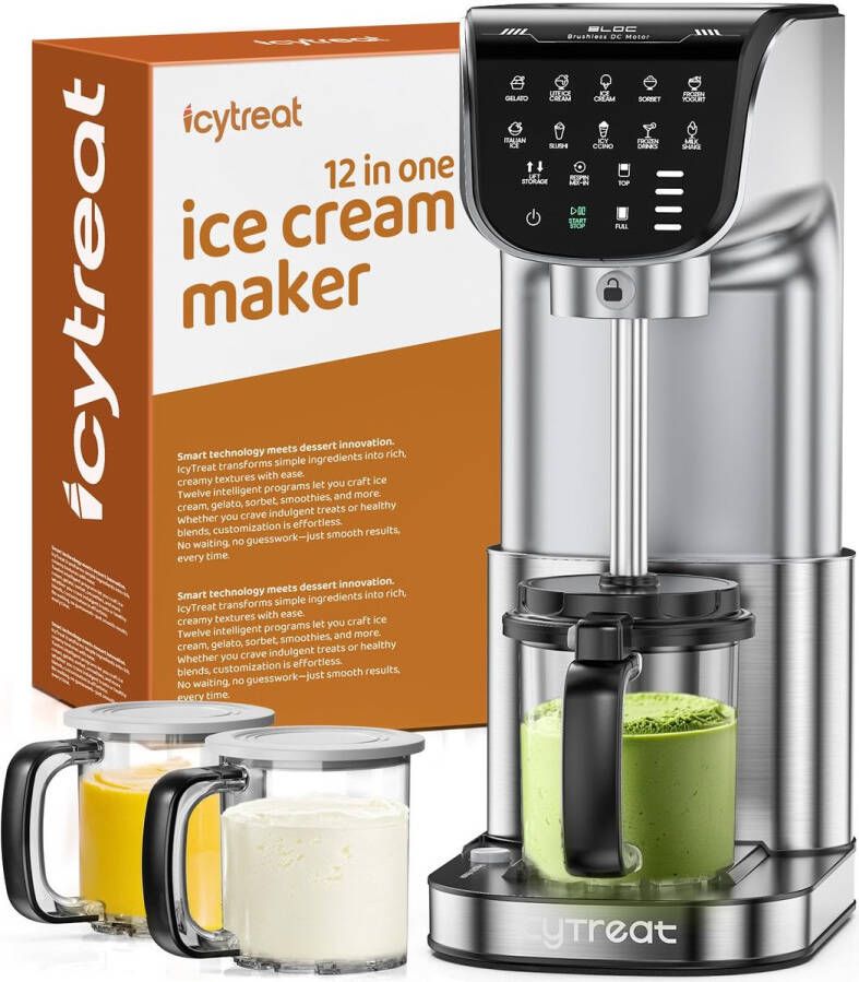 IcyTreat IJsmachine 12-in-1 volautomatische roestvrijstalen ijsmachine voor sorbet milkshake frozen yoghurt en meer eenvoudig te reinigen ijsmachine (3) familieverpakkingen
