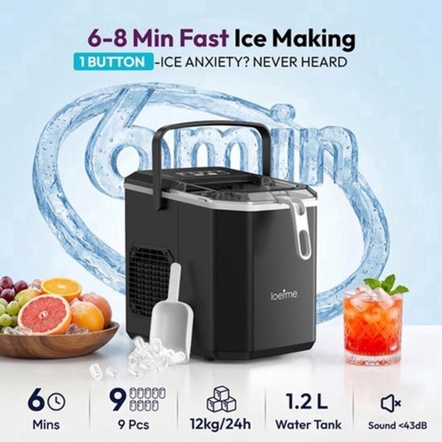 IJsblokjesmachine 14L Black K 12 kg Per 24 Uur 1.2 Liter Watertank Zwart Voor Thuis En Kantoor