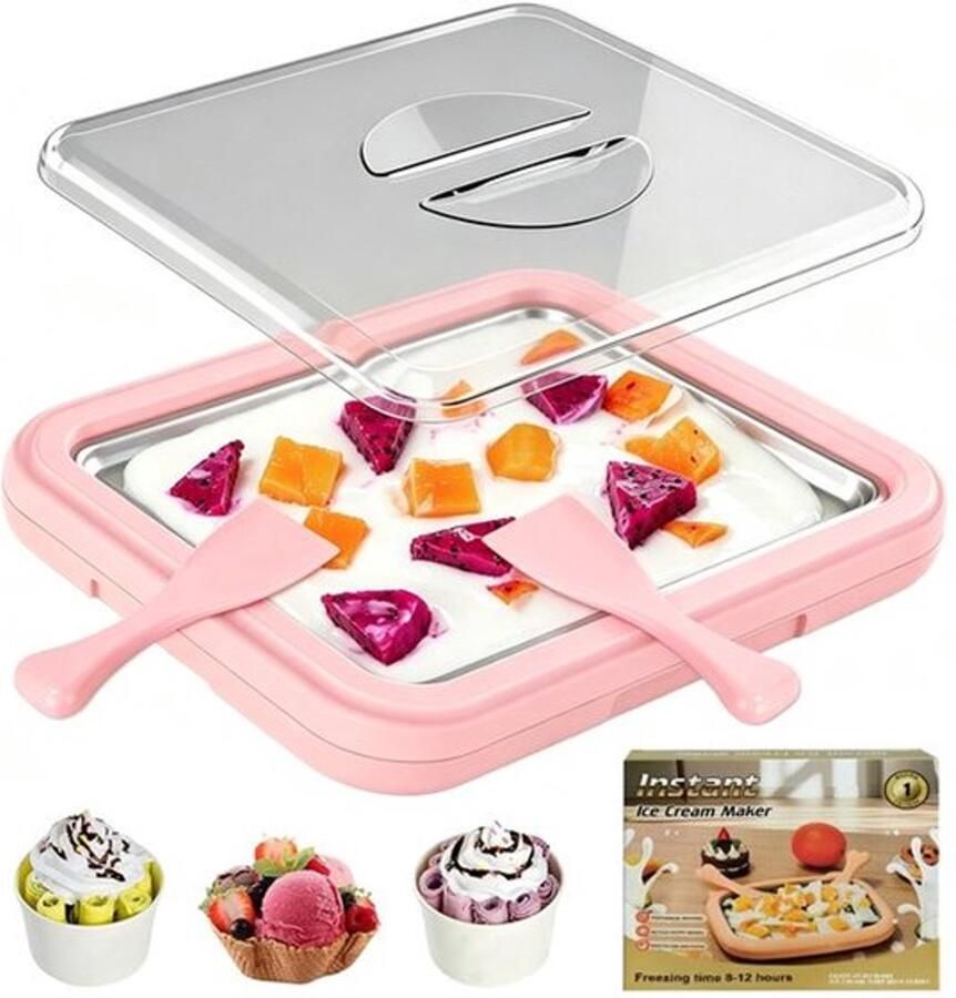 IJsroller Maker Set met transparant deksel en 2 spatels doe-het-zelf instant ijsmachine voor volwassenen en kinderen voor rolroom bevroren yoghurt gelato en sorbet (roze L)