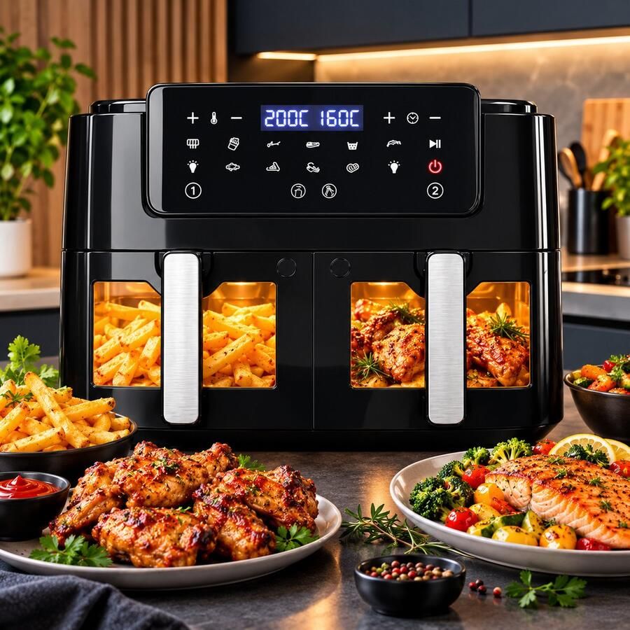 ILLIVEKIT Dubbele Airfryer XXL – 10L – 2800W – Dual Zone – 12 Kookprogramma s – Touchscreen – 50-200°C – 360° Hetelucht – Zwart