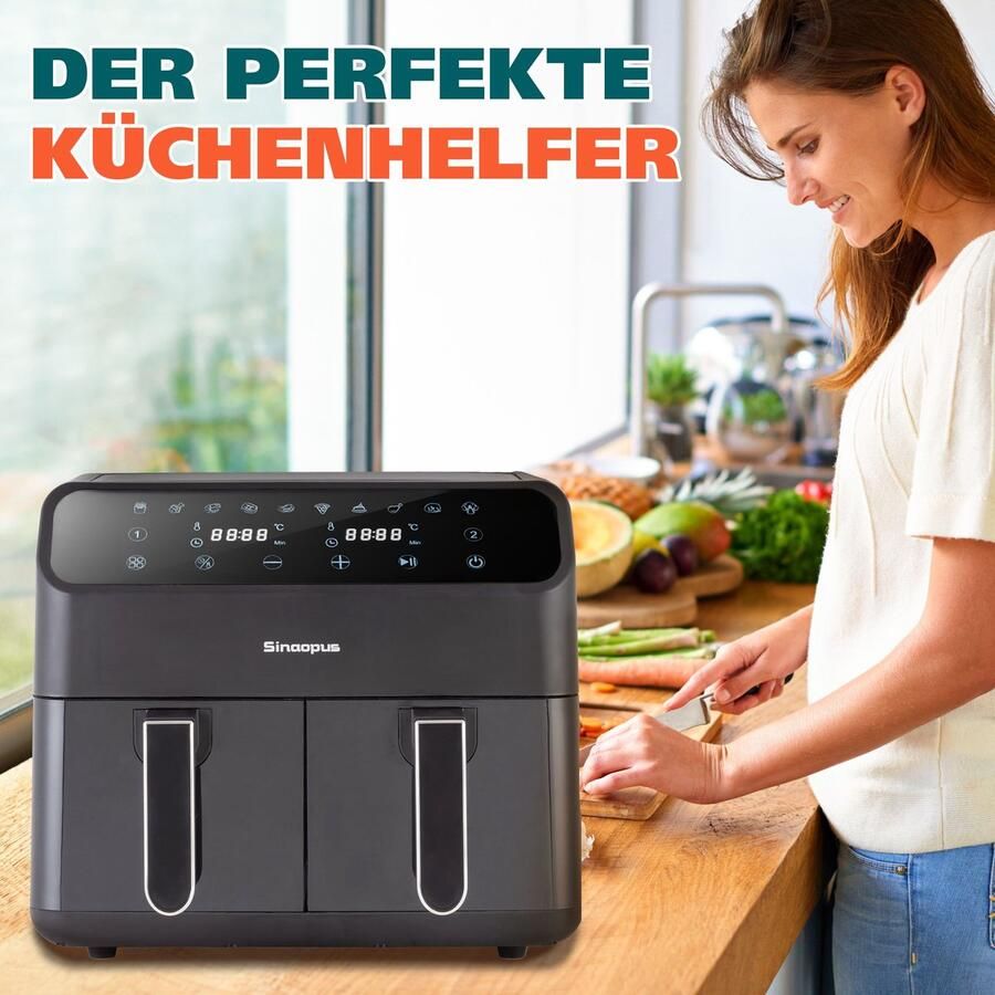 In& out door furniture Heetluchtfriteuse 9L met kijkvenster 10 programma's XXL Airfryer met dubbele kamer instelbare tijd en temperatuur 80-200℃ voor eenvoudig koken