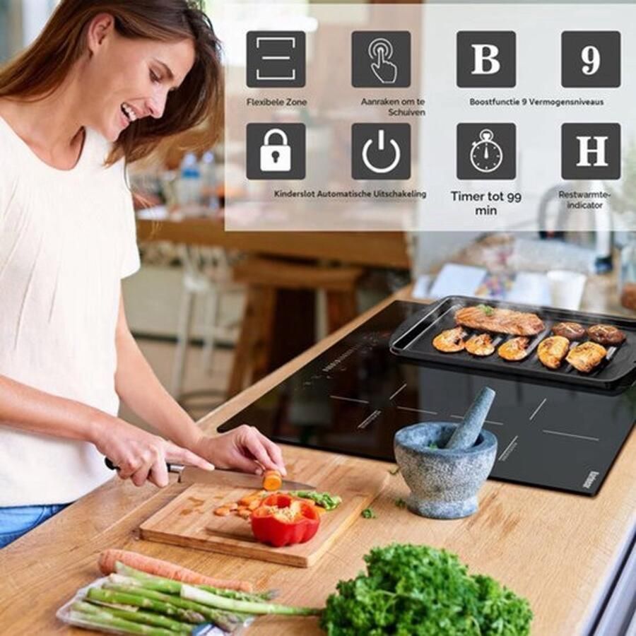 Inbouw Inductie Kookplaat 7200 W Vermogen 4 Kookzones 60 cm Breedte Glaskeramiek Elektrisch Bedraad