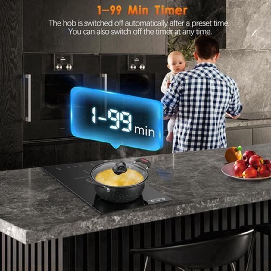 Inbouw Inductiekookplaat 2 Branders 3300 W Vermogen 30 cm Breedte Gehard Glas Elektrisch Koken